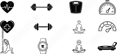 Fitness and health icons silhouette heart weights treadmill and more