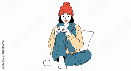Woman wearing warm clothing sitting down.