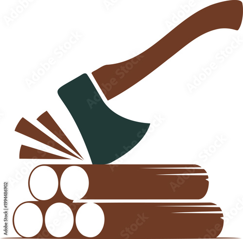 Axe on top of wood logs cutting through brown lumber  woodworking tool