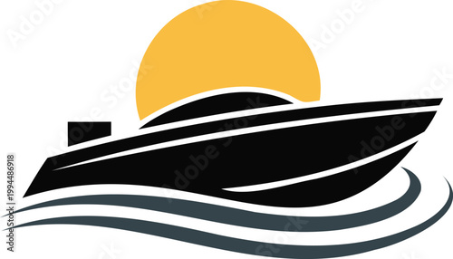 Black boat sailing on water with yellow sun in background