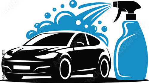 Car being washed with blue cleaning solution spray  vehicle and detergent bottle