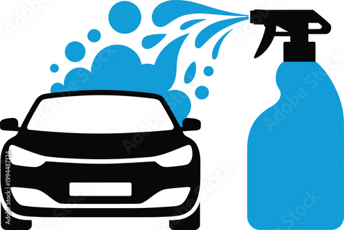 Car washing with spray bottle and soap suds cleaning vehicle front