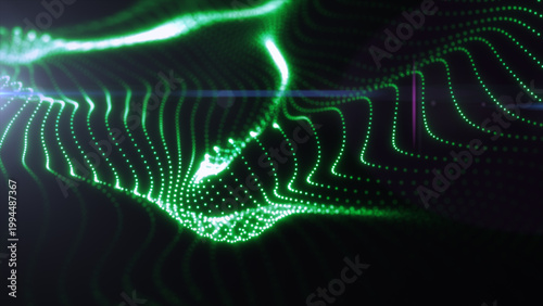 Slika na platnu Glowing green particle lines forming an abstract digital landscape, ideal for fu