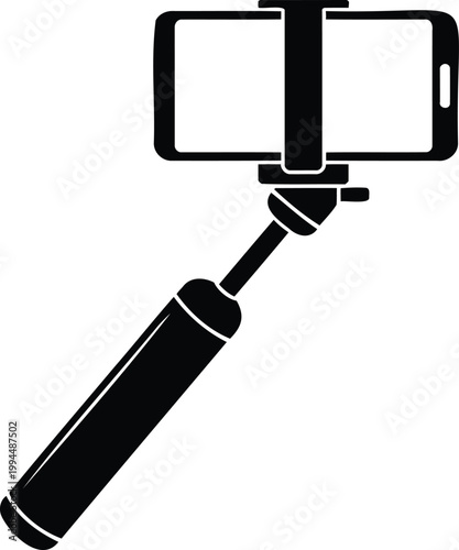 Monopod with smartphone mounted on top for taking selfies and photos  simple black illustration