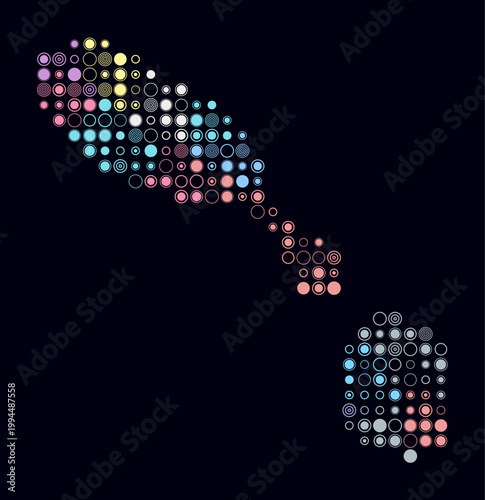 Saint Kitts and Nevis, shape of the country build of colored cells. Digital style map of the Saint Kitts and Nevis on dark background. Large size circle blocks. Amazing vector illustration.