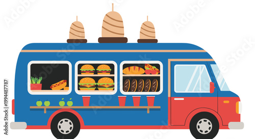 Bright blue and red street food truck decorated with burger and hot dog icons is parked and ready for customer service.