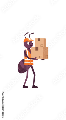 Cartoon ant carrying boxes delivery logistics worker concept
