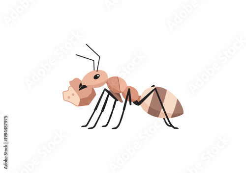 Cartoon ant carrying food isolated on black background