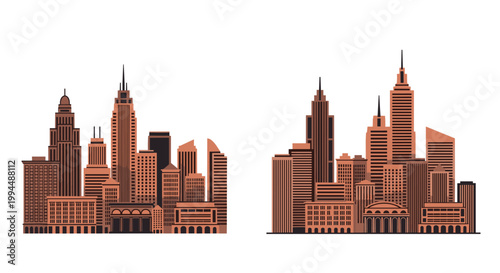 Two different skyline illustrations show dense urban cityscapes with tall skyscrapers in warm brown and tan tones.