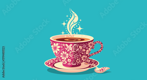 Elegant pink teacup with a detailed floral pattern is filled with steaming tea and set against a solid teal background.