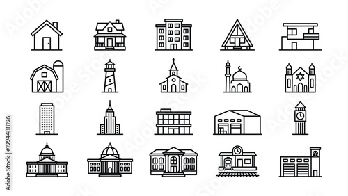 Building and architecture icons depicting houses churches skyscrapers factories with real estate building architecture skyscraper lighthouse commercial residential government religious