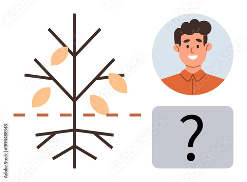 Genealogy, DNA testing, ancestry exploration, family history, identity, generational links. Graphic of a family tree, person portrait and question mark box. Genealogy and ancestry exploration