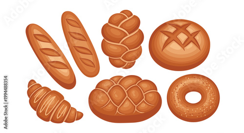 Collection of various types of fresh bread including long baguettes braided loaves a round loaf and a croissant.