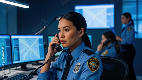 Female Police Officer in Control Room Using Phone During Emergency Call for Law Enforcement