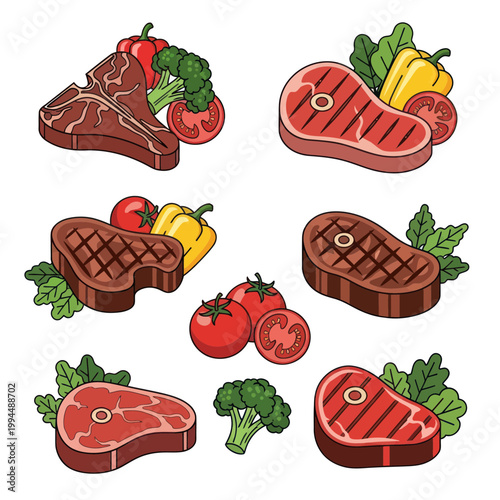 Raw And Grilled Steaks With Fresh Vegetables - Vector Illustration