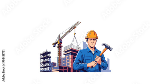 construction worker with hammer at building site