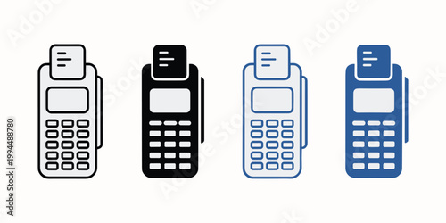 Four payment terminal in black and blue on white background credit card reader pos terminal payment machine