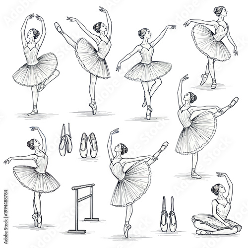 Ballet Dancers Poses Sketch Collection - Elegant Women in Tutus and Pointe Shoes