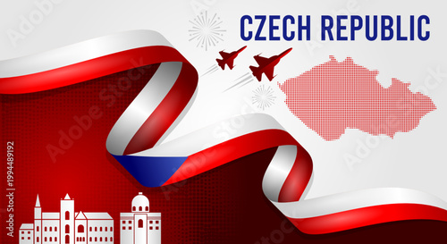 Czech Republic Flag Wave Background with Map and Ribbon Style Vector Illustration