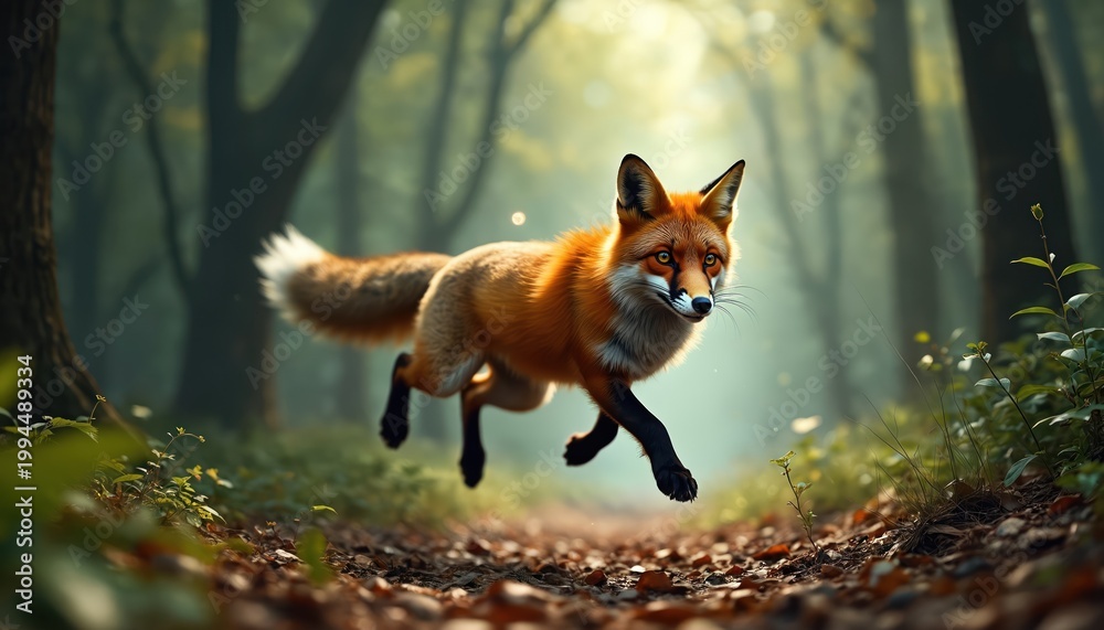 Fototapeta premium Orange fox jumps in misty forest. Red fox runs on path. Wild animal moves fast through green woods. Creature is agile and quick. Natural landscape with trees.