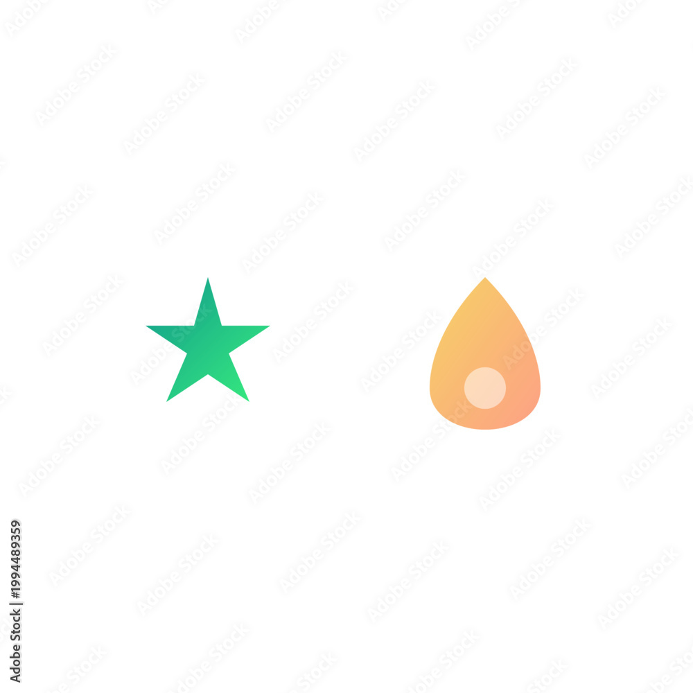 Fototapeta premium Minimalist green star icon and orange drop symbol set against a clean white background illustration