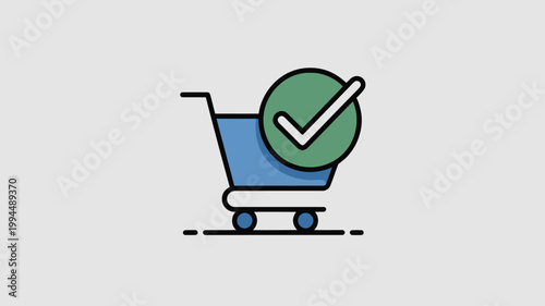 E-commerce Shopping Cart with Green Checkmark Icon for Successful Online Purchase and Order Confirmation