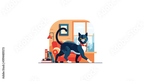 flat vector illustration of cat near camper van