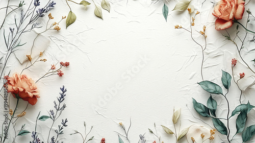 Flowers frame on white background. Floral banner design for wedding invitation, Mother's Day, or anniversary with copy space.