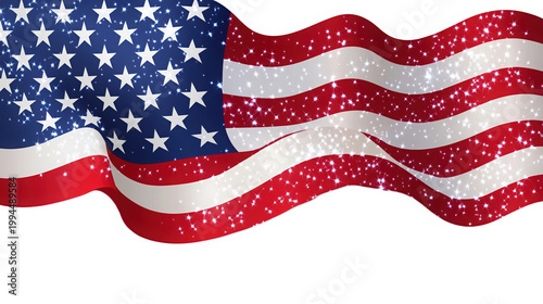 Waving United States of America Flag with Falling Snow and Winter Effects Isolated on White Background