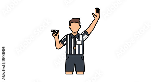 Referee in striped shirt holding card.