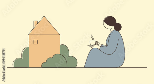Woman Sitting Holding Coffee Cup.