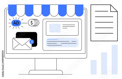 Digital marketing concept. Digital marketing tools thumbs up analytics, email notifications, and online advertising for business growth. Digital marketing drives revenue and audience engagement