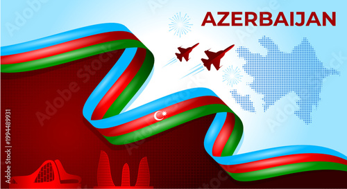 Azerbaijan Flag Wave Background with Map and Ribbon Style Vector Illustration