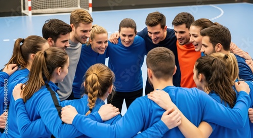 Group of Young Adults in Blue Sportswear Engaged in Team Building and Sports Activities on Indoor Court