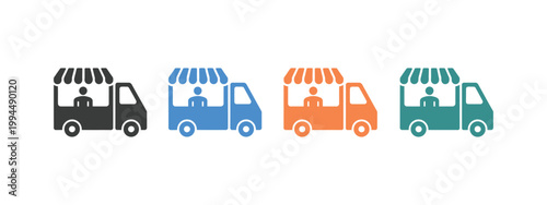 Food truck icon set representing mobile restaurant, street food business, delivery service, carnival and cafe transport concept