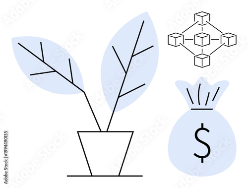 Financial innovation, investment, blockchain, sustainability, fintech, growth. A plant in a pot, blockchain diagram and money bag symbol. Financial innovation and investment growth concept