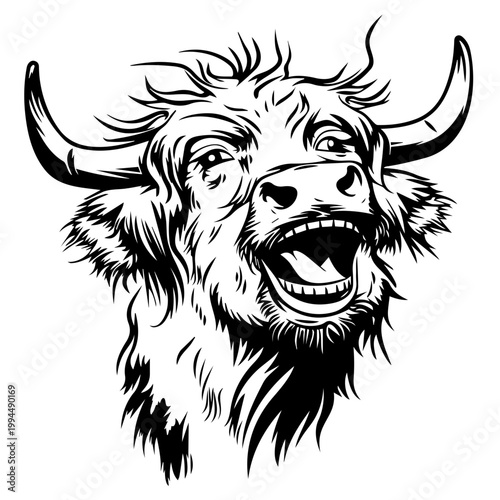 Mooing cow, Highland Cow black and white vector outline