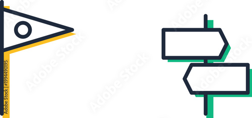 Foto Ecological minimalist flat line icons featuring a triangular pennant flag and a dual directional arrow signpost