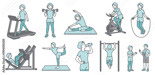 様々な運動をするシニア女性の10点セットイラスト（標準体型・笑顔）