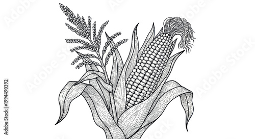 Hand-drawn illustration of ripe corn cob with leaves and stalk on white background