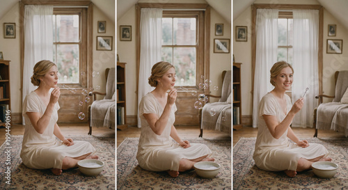 woman sitting on the floor making bubbles
