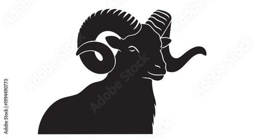 Ram head profile silhouette with large curved horns for livestock or zodiac sign astrology concept.