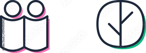 Education and ecology icons featuring people reading a book and a minimalist green tree symbol.