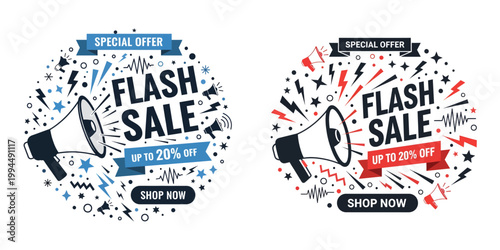A vibrant illustration of two flash sale announcements with megaphones surrounded by colorful confetti and banners promoting discounts.