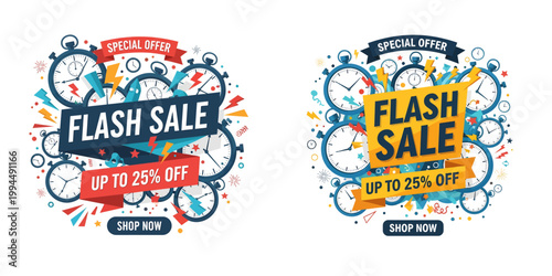 Vibrant Flash Sale promotional stickers with colorful designs displayed on a white background for marketing purposes.