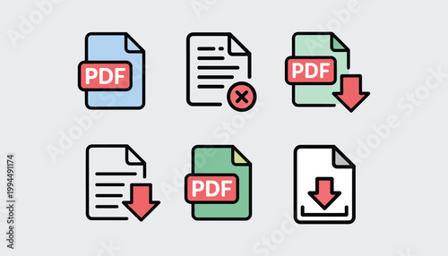 P D F document with download symbols and rejected file vector illustration isolated on a light gray background