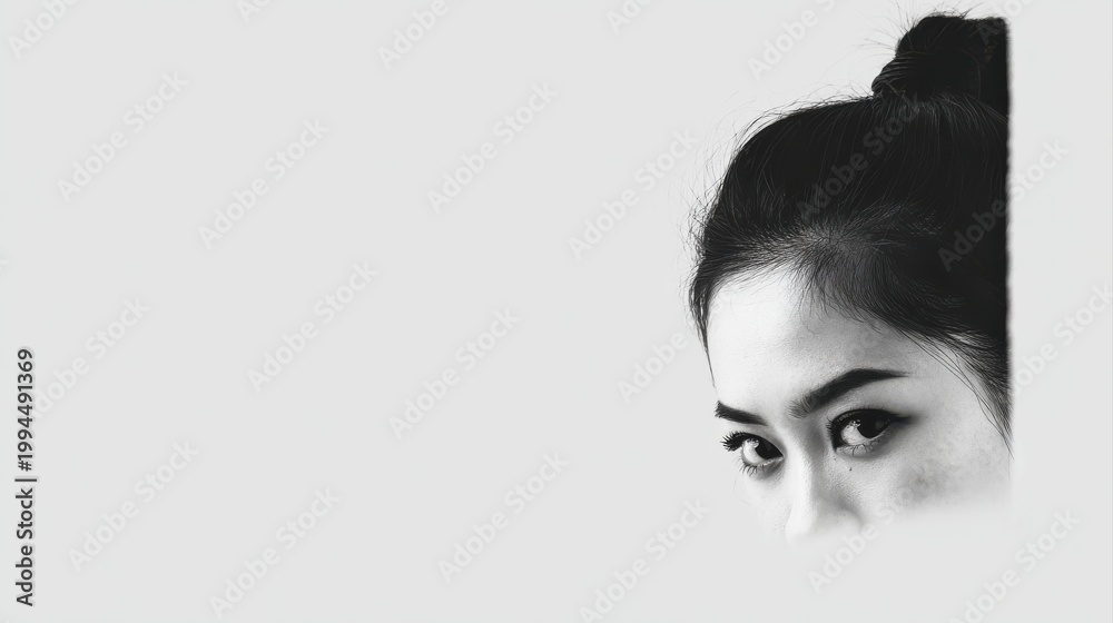 Fototapeta premium a beautiful chinese woman With a ponytail is peeking from the edge of a white background, only her half face is visible, in a simple, minimalistic style with high contrast between black and white, in 