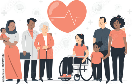 Diverse community health and wellness concept with people of all ages and abilities