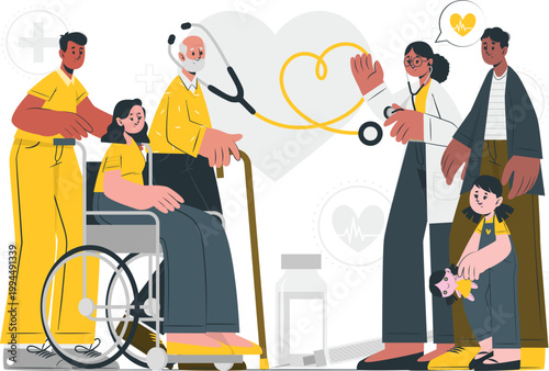 Medical care and family health support illustration with doctor and patients