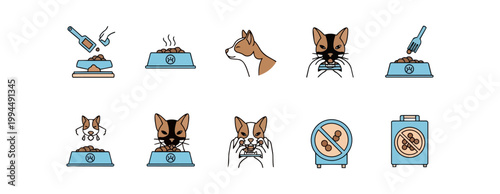 Dog food bowls and dog faces illustration on black background